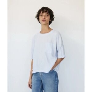 The White Company 100% Linen Mixed Media Oversized T-Shirt Women's L Blue NWOT
